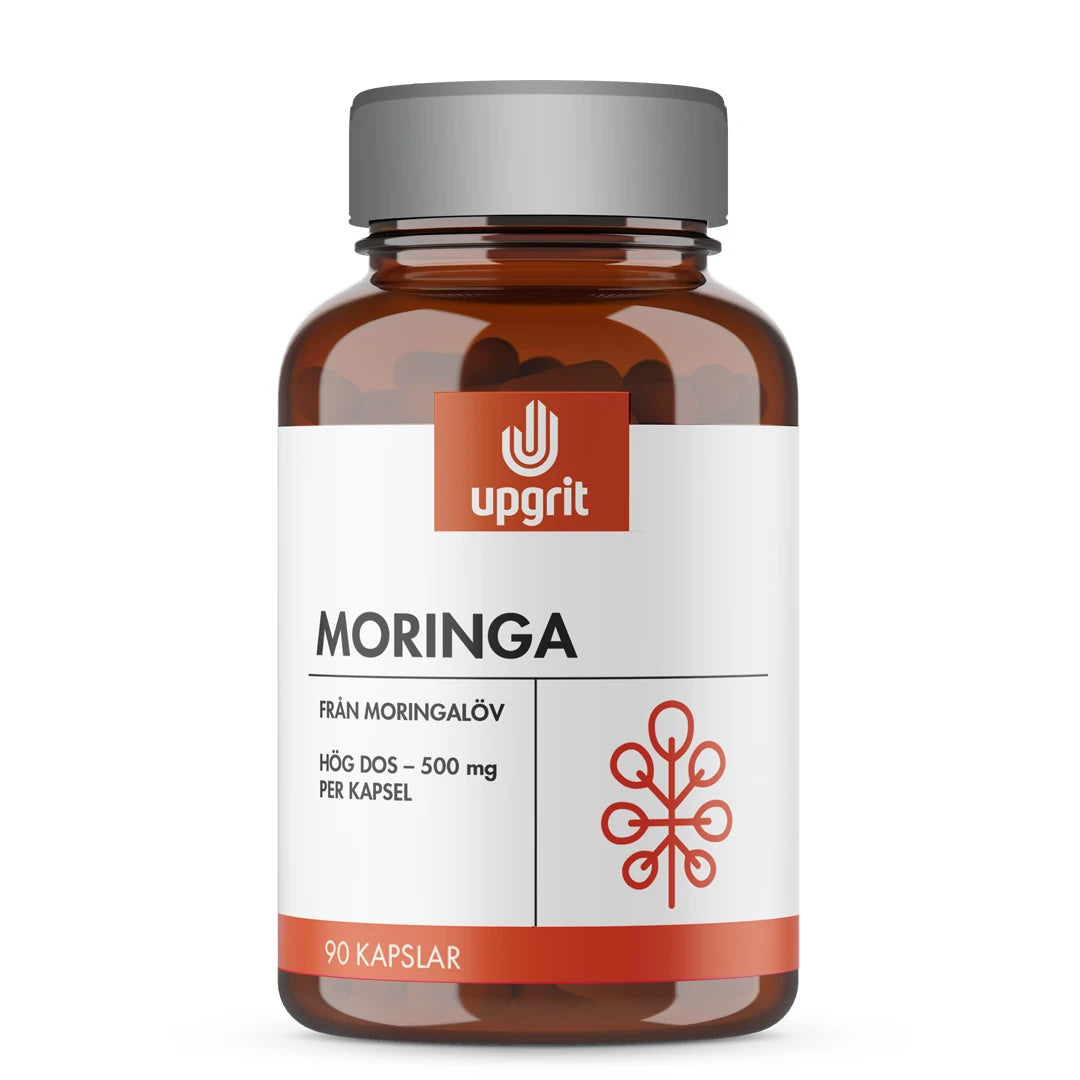 Upgrit Moringa 90 caps ruskeassa lasipurkissa, jossa on valko-oranssi etiketti ja harmaa kansi.