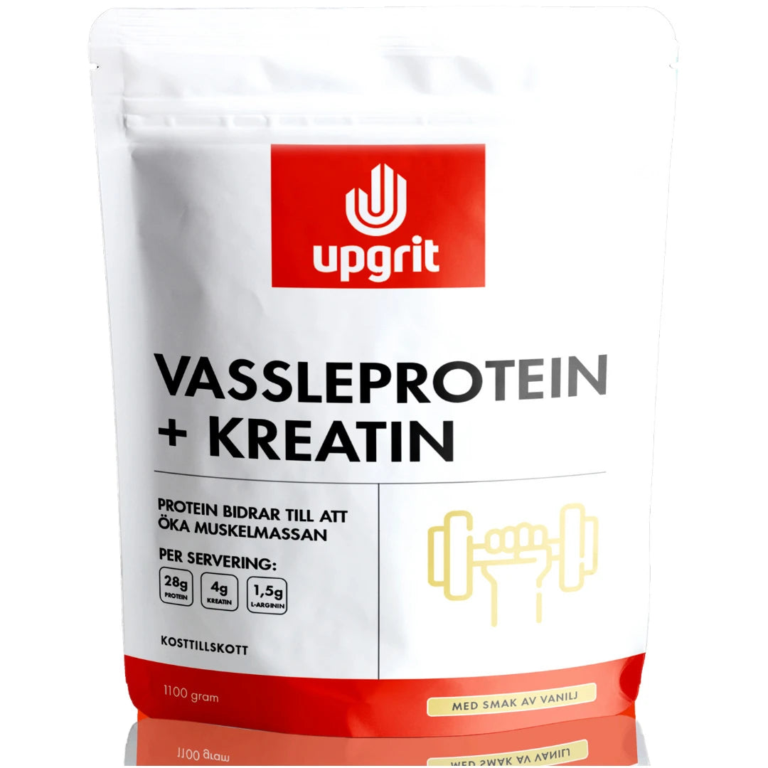 Upgrit Vassleprotein + Kreatin 1.1 kg -proteiinijauhe valkoisessa pussissa punaisella logolla, makuna vanilja.
