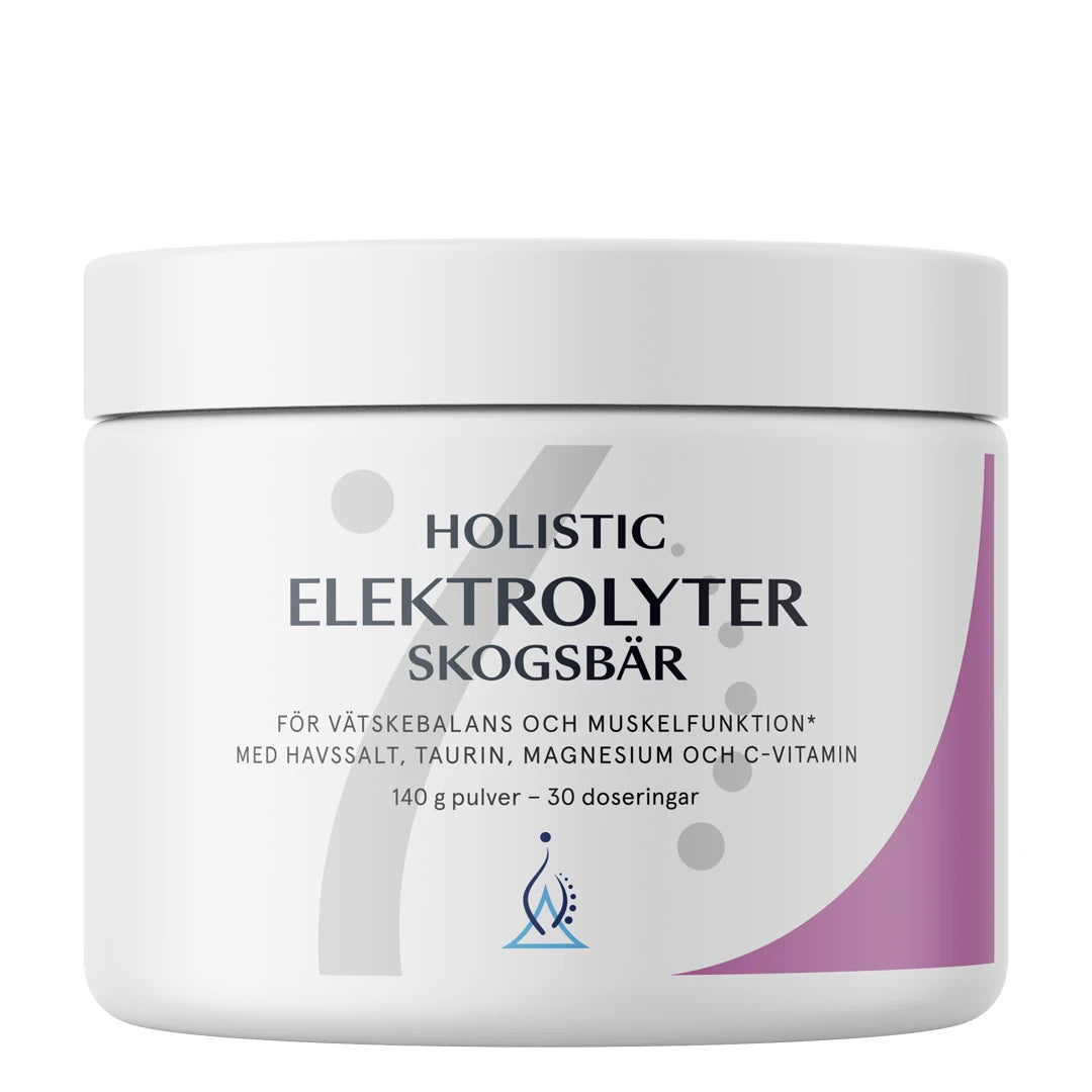 Holistic Elektrolyter 140 g -elektrolyyttijauhe metsämarjan makuisena, valkoisessa purkissa liiloilla yksityiskohdilla.