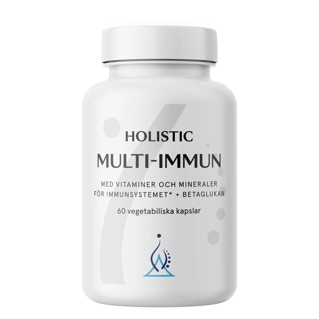 Holistic Multi-Immun 60 caps -ravintolisä immuunijärjestelmälle valkoisessa purkissa harmailla yksityiskohdilla.