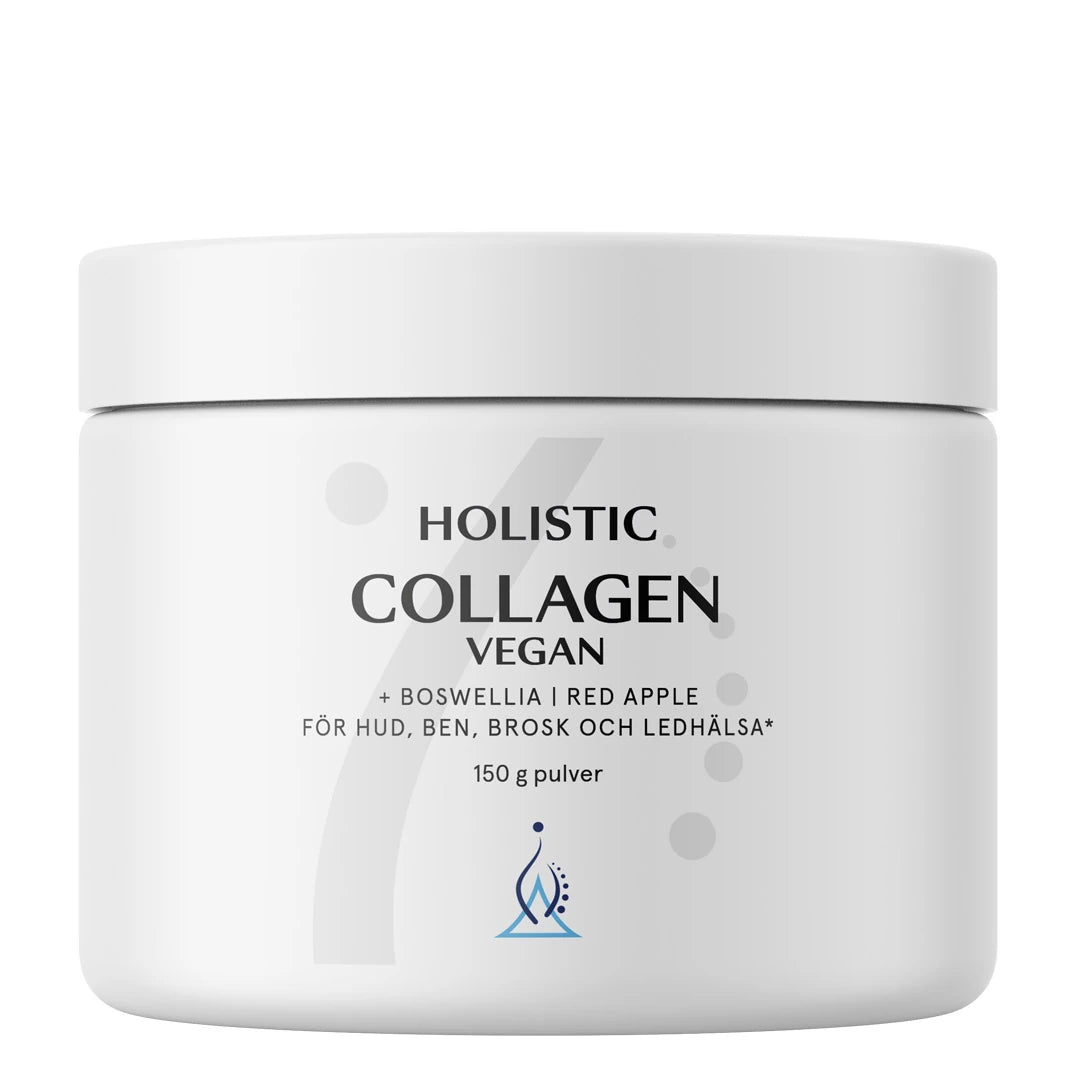 Holistic Collagen Vegan 150 g -vegaaninen kollageenilisä valkoisessa purkissa iholle, luille ja nivelille.
