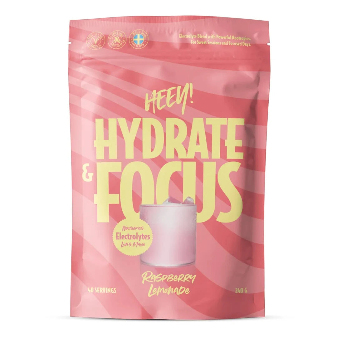 Heey! Elektrolyytit + Lions Mane 240 g roosassa pussissa keltaisilla yksityiskohdilla, makuna Raspberry Lemonade.