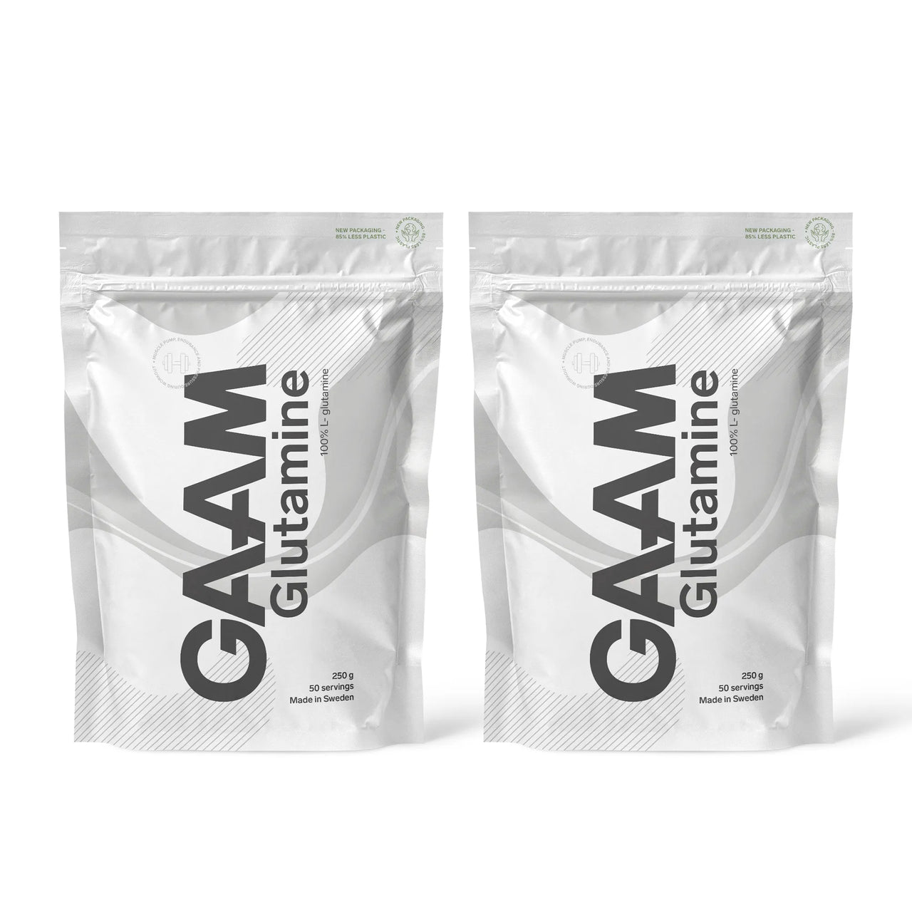 2 x GAAM Glutamine 250 g -aminohapot kahdessa valkoisessa pussissa harmailla yksityiskohdilla.