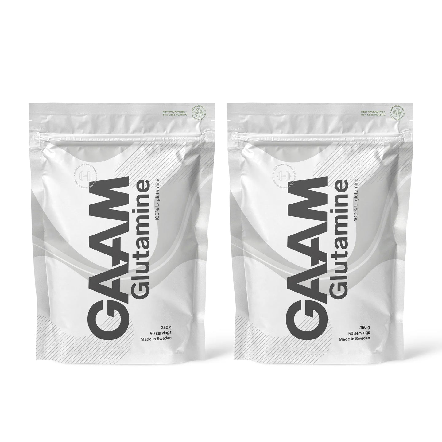 2 x GAAM Glutamine 250 g -aminohapot kahdessa valkoisessa pussissa harmailla yksityiskohdilla.