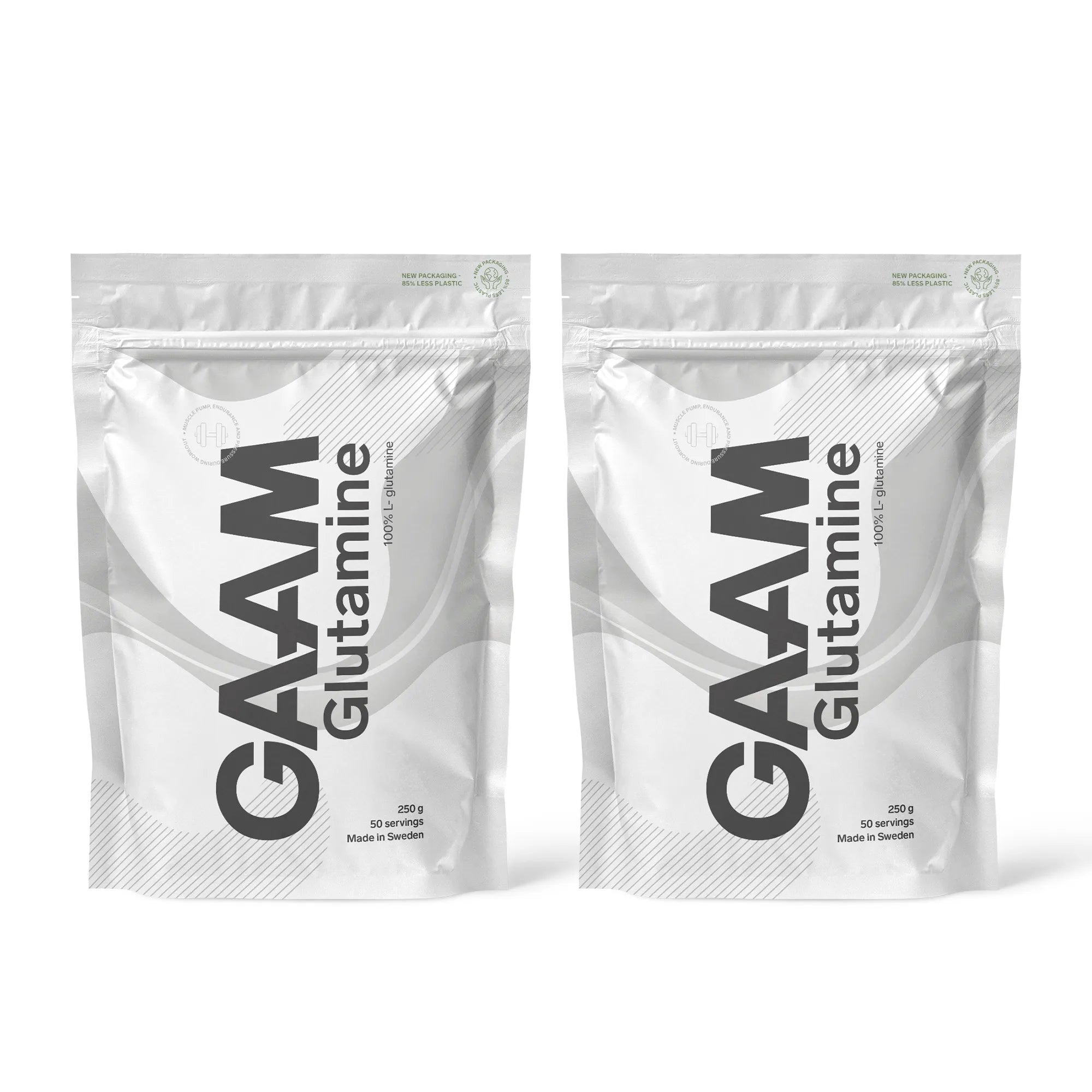 2 x GAAM Glutamine 250 g -aminohapot kahdessa valkoisessa pussissa harmailla yksityiskohdilla.