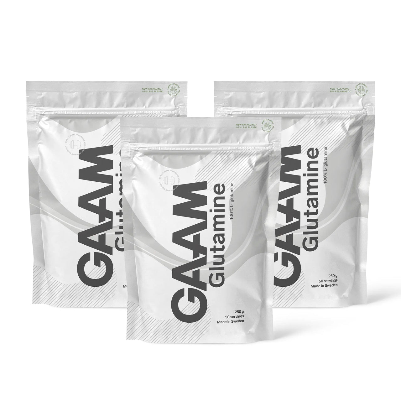 3 x GAAM Glutamine 250 g -aminohappoja kolmessa valkoisessa pussissa, joissa on harmaita ja mustia yksityiskohtia.