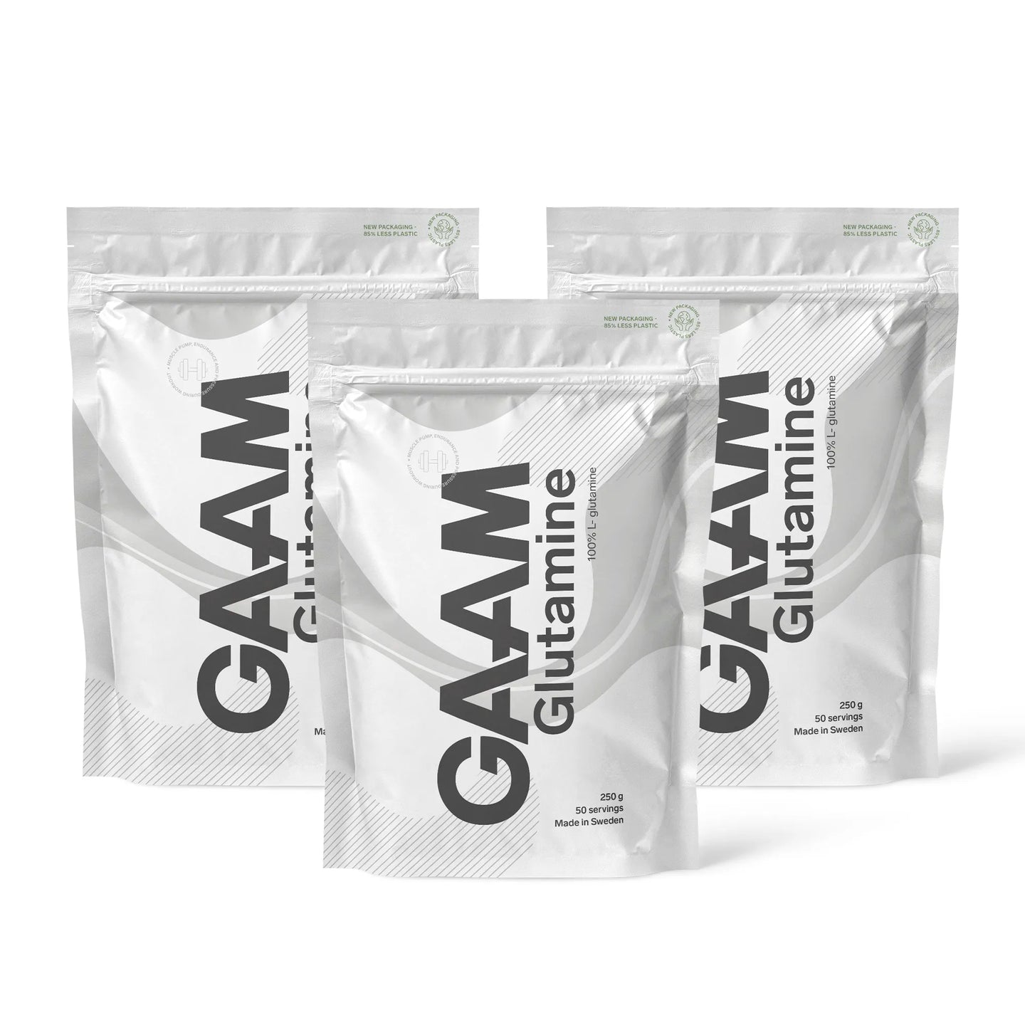 3 x GAAM Glutamine 250 g -aminohappoja kolmessa valkoisessa pussissa, joissa on harmaita ja mustia yksityiskohtia.