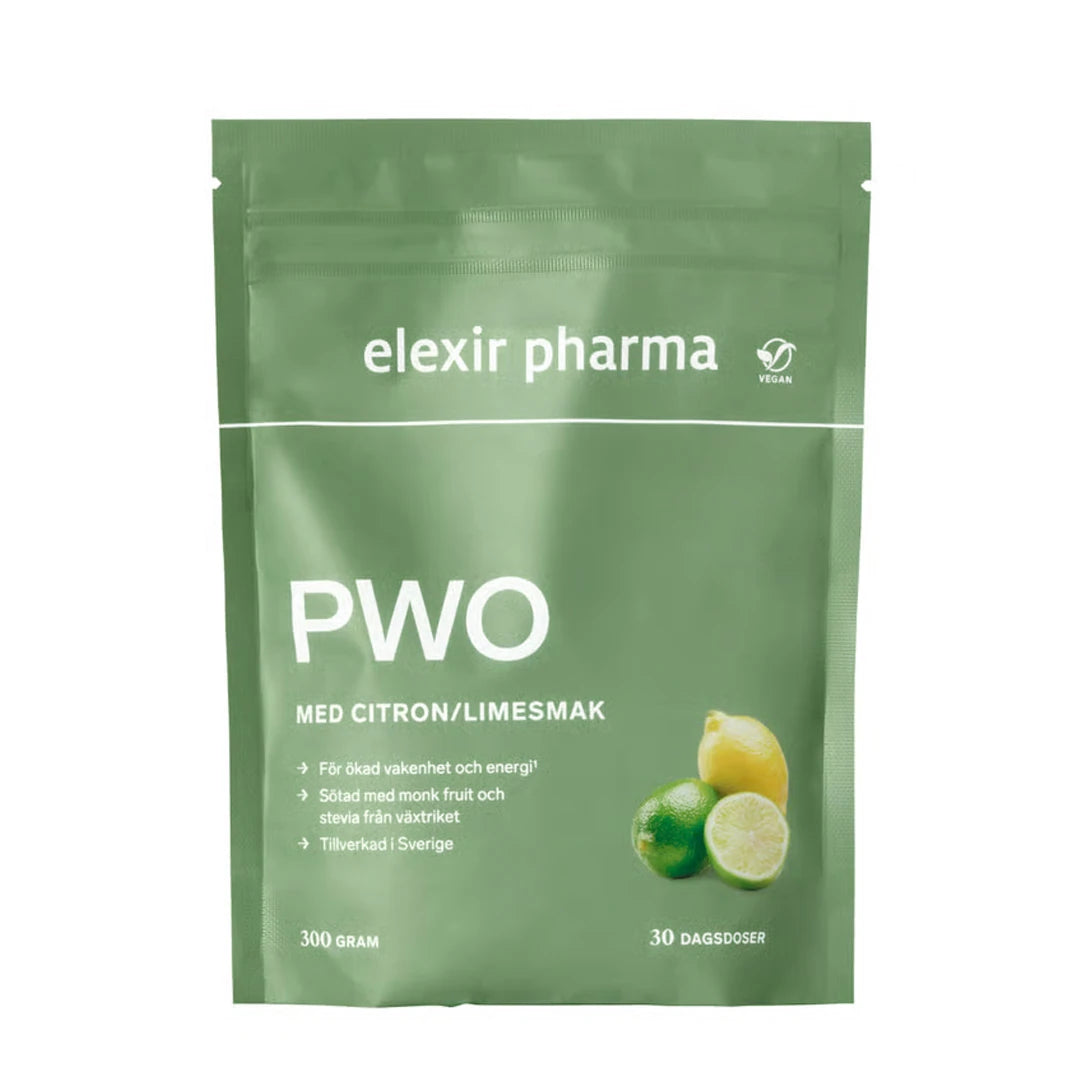 Elexir Pharma PWO 300 g vihreässä pussissa, jossa on valkoinen teksti sekä sitruunan ja limen kuvitus.