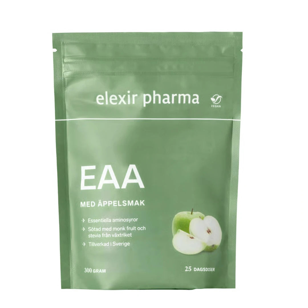 Elexir Pharma EAA 300 g -vegaaninen aminohappojauhe vihreässä pussissa, makuna omena.