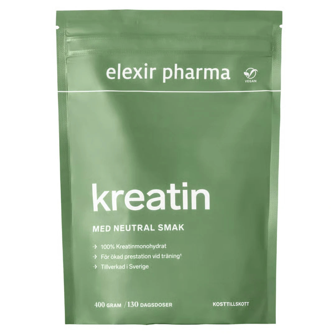 Elexir Pharma Kreatin 400 g Naturell vihreässä pussissa, puhdasta kreatiinimonohydraattia ilman lisäaineita.