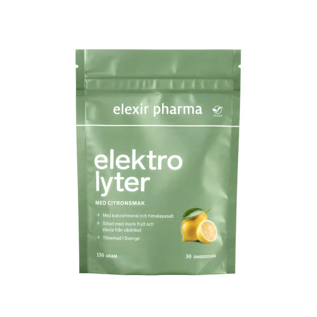 Elexir Pharma Elektrolyter 150 g -elektrolyyttijauhetta vaaleanvihreässä pussissa, jossa on sitruunakuvio.
