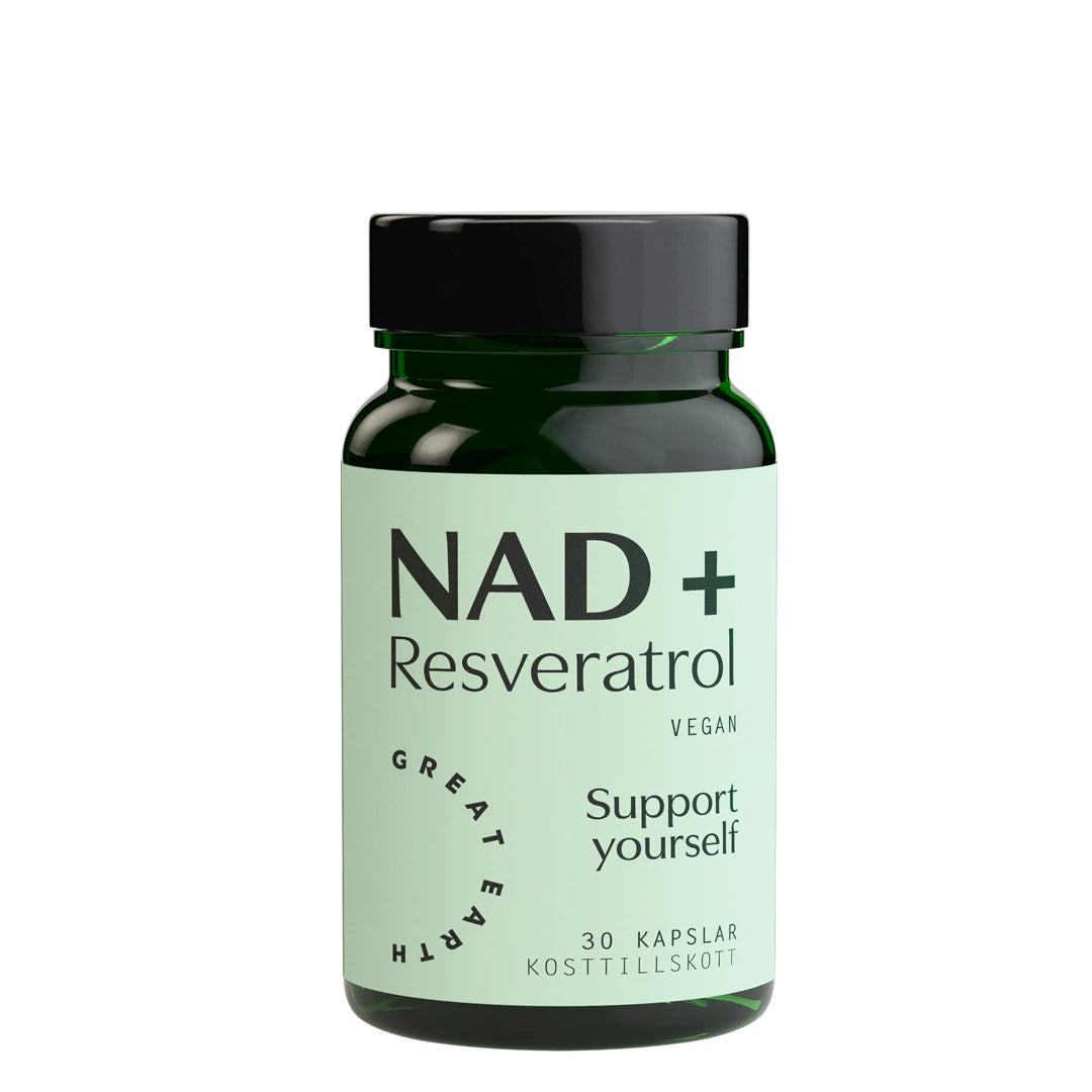 Great Earth NAD+ Resveratrol 30 caps -ravintolisä tummanvihreässä purkissa vaaleanvihreällä etiketillä.