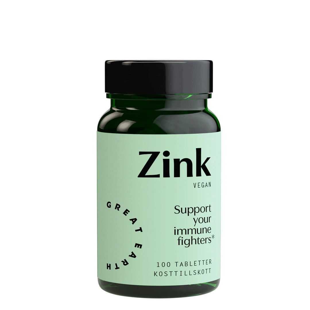 Great Earth Zink 25 mg 100 tabs tummanvihreässä purkissa mustalla kannella ja vaaleanvihreällä etiketillä.