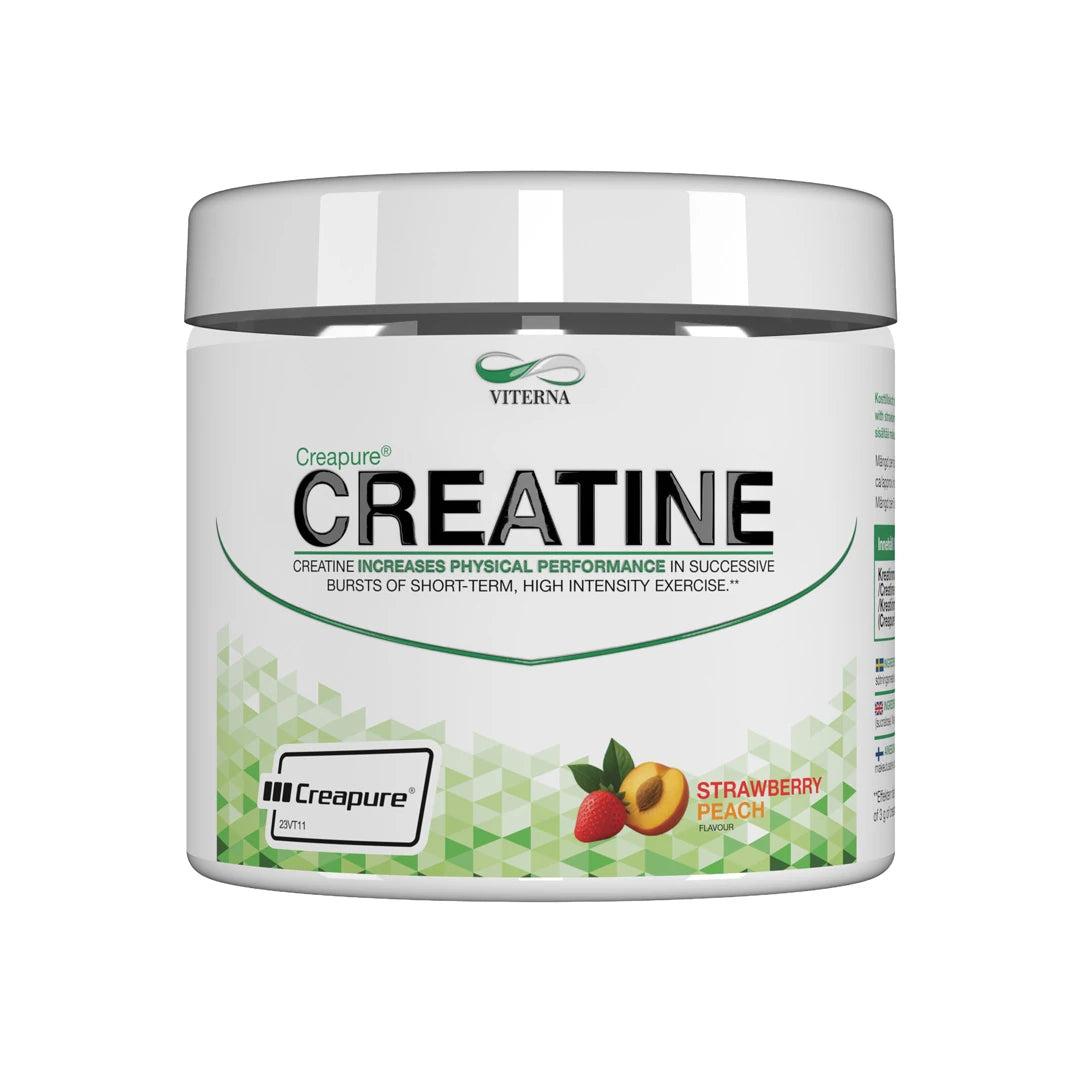 Viterna Creapure® 300 gr Strawberry Peach -kreatiini valkoisessa purkissa, jossa on vihreitä yksityiskohtia., kuva 3/3