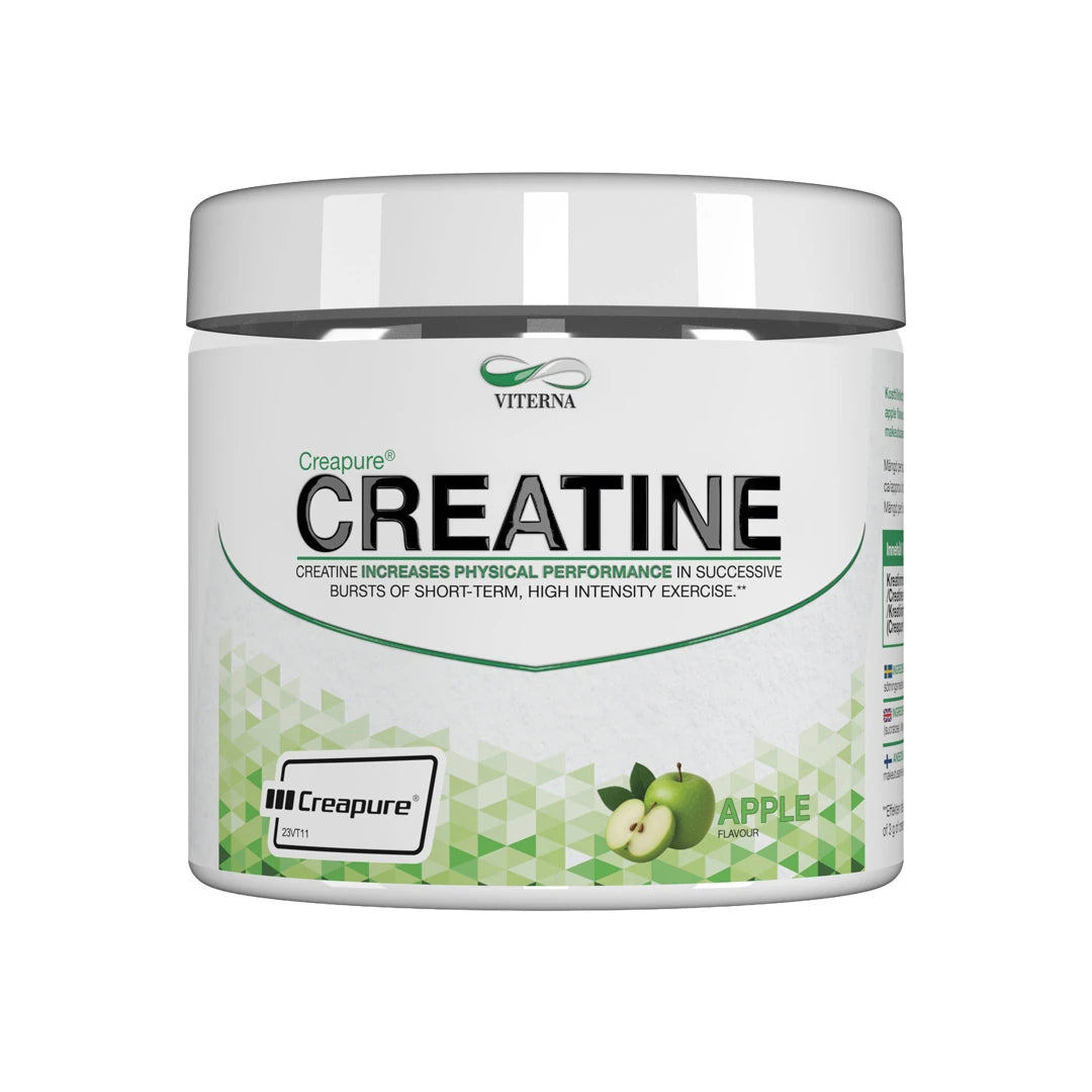 Viterna Creapure® 300 gr Strawberry Peach -kreatiinijauhe valkoisessa purkissa, jonka etiketissä on vihreä kuvio ja omenoita.