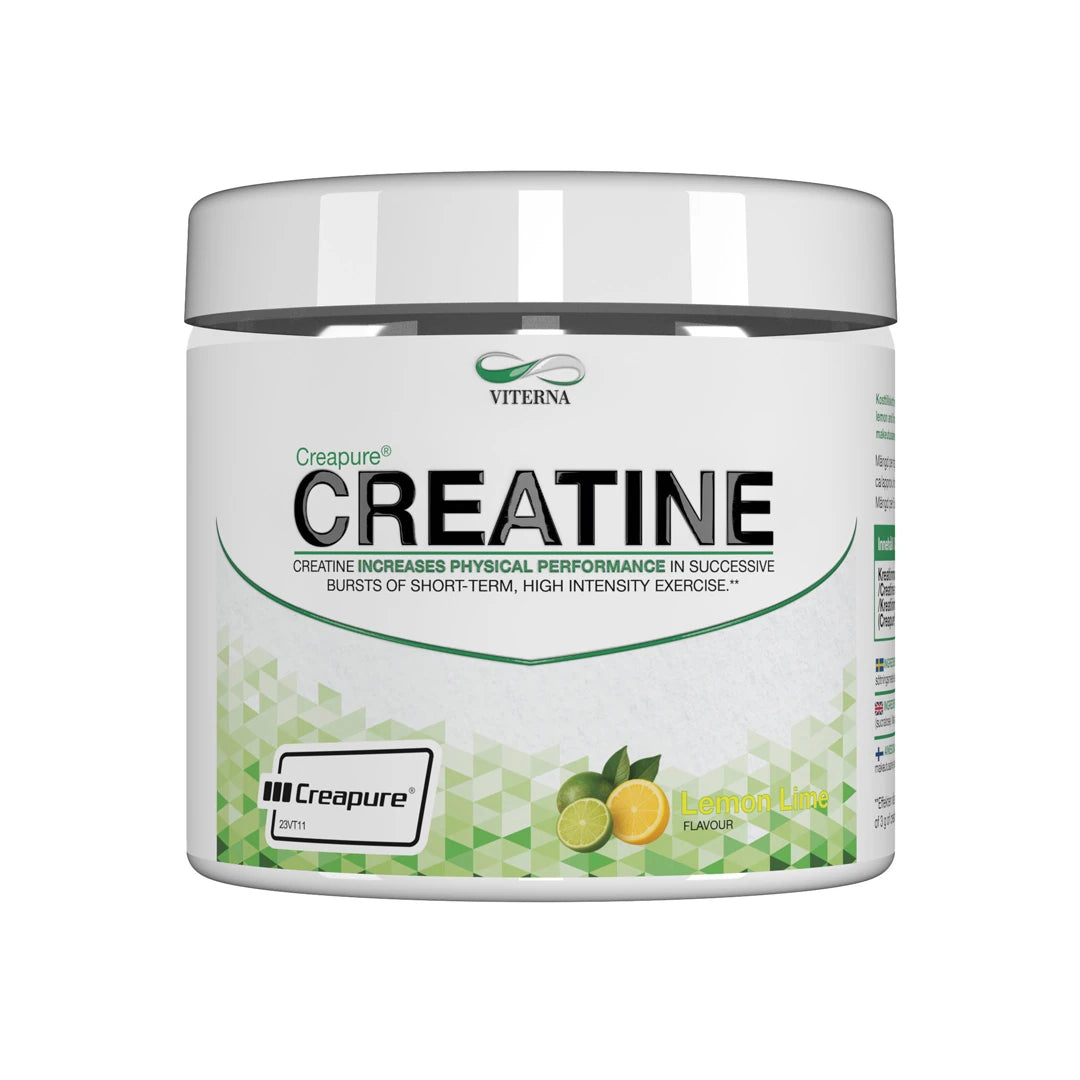 Viterna Creapure® Chewz 150 pcs -kreatiinitabletit valkoisessa purkissa vihreillä yksityiskohdilla, makuna Lemon Lime.