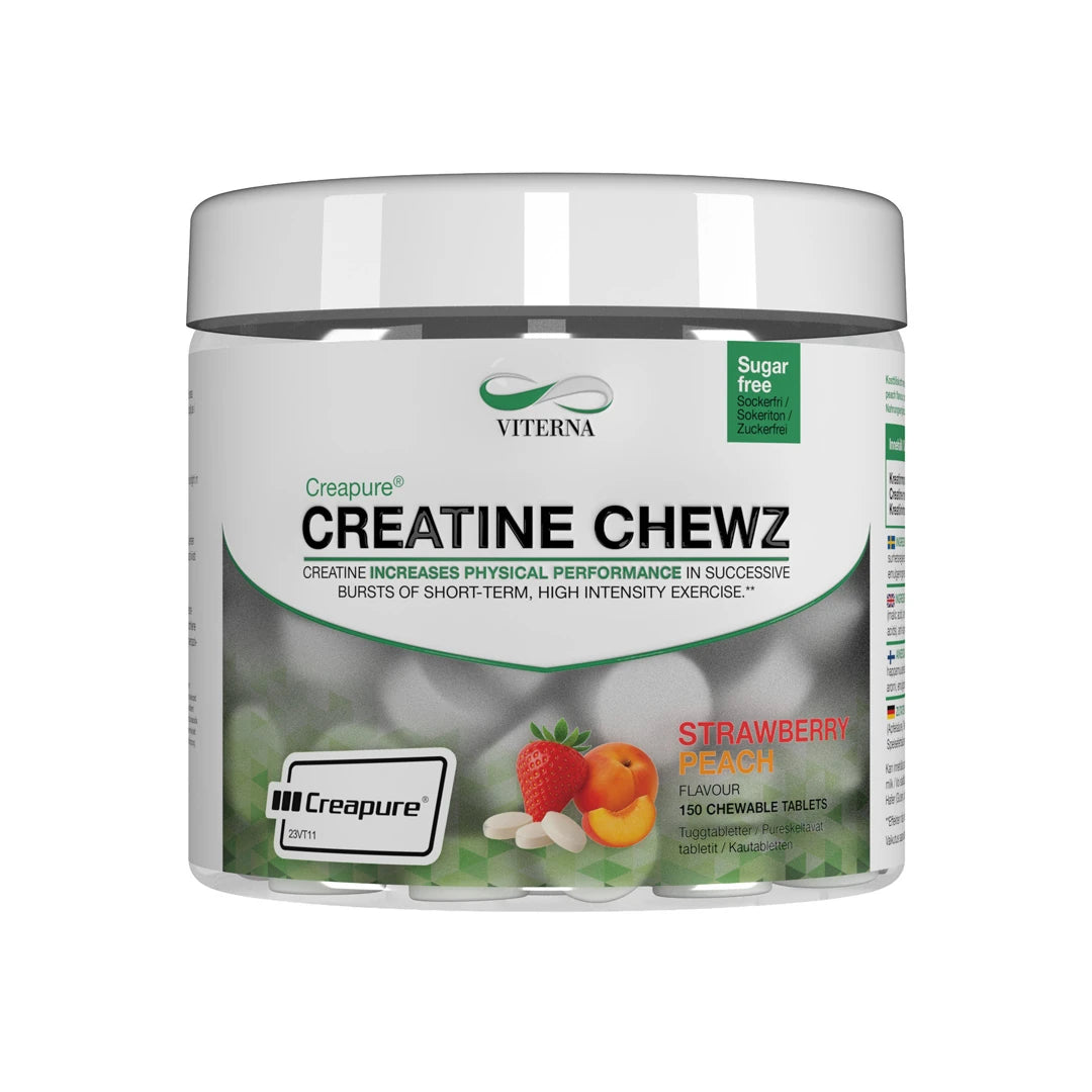 Viterna Creapure® Chewz 150 pcs -kreatiinipurutabletit valkoisessa purkissa, makuna Strawberry Peach.