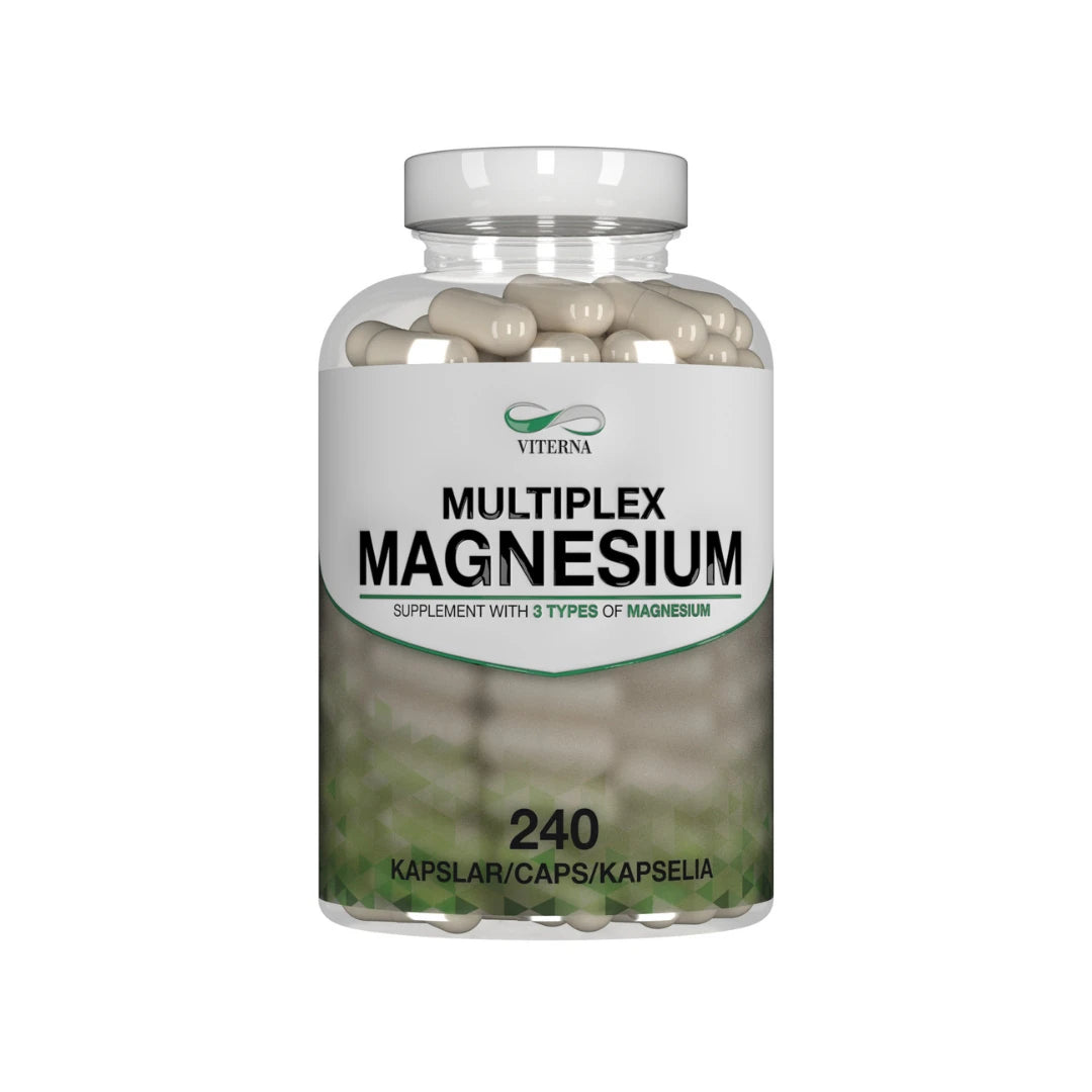 Viterna Multiplex Magnesium 240 caps -ravintolisä läpinäkyvässä purkissa, valkoinen etiketti vihreillä yksityiskohdilla.