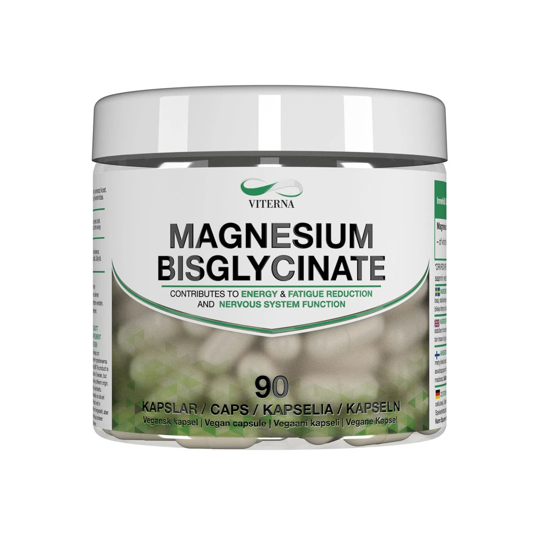 Viterna Magnesium bisglycinate 90 caps läpinäkyvässä purkissa, jossa on valkoinen kansi ja vihreä-musta etiketti.
