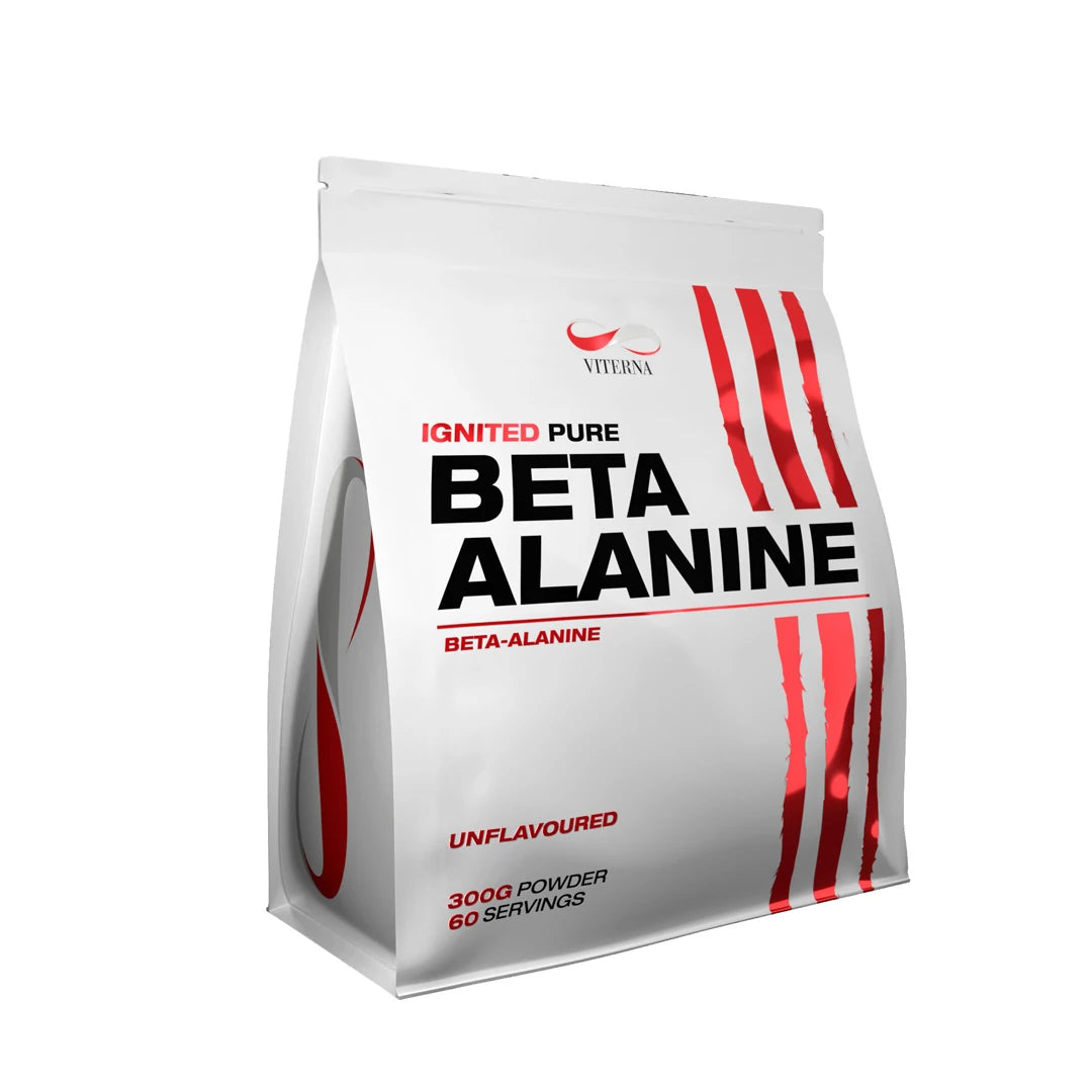 Viterna Beta Alanine Powder 300 g valkoisessa pussissa punaisilla yksityiskohdilla, maustamaton.