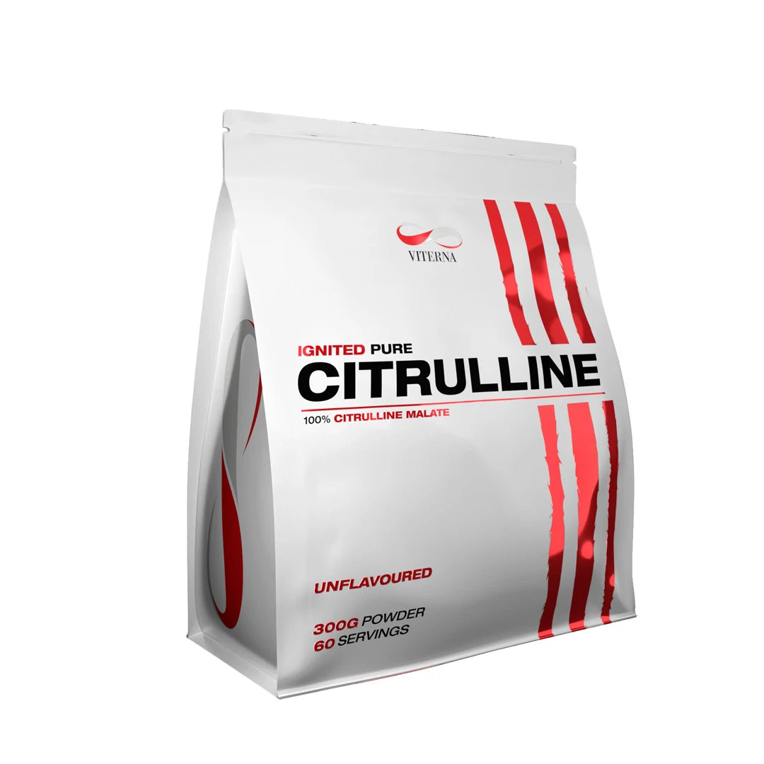 Viterna Citruline Malate Powder 300 g -aminohappojauhe valkoisessa pussissa punaisilla yksityiskohdilla, maustamaton.