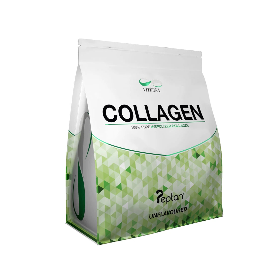 Viterna Pure Collagen - Peptan® 400 g -maustamatonta kollageenia valkoisessa pussissa, jossa on vihreä geometrinen kuvio.