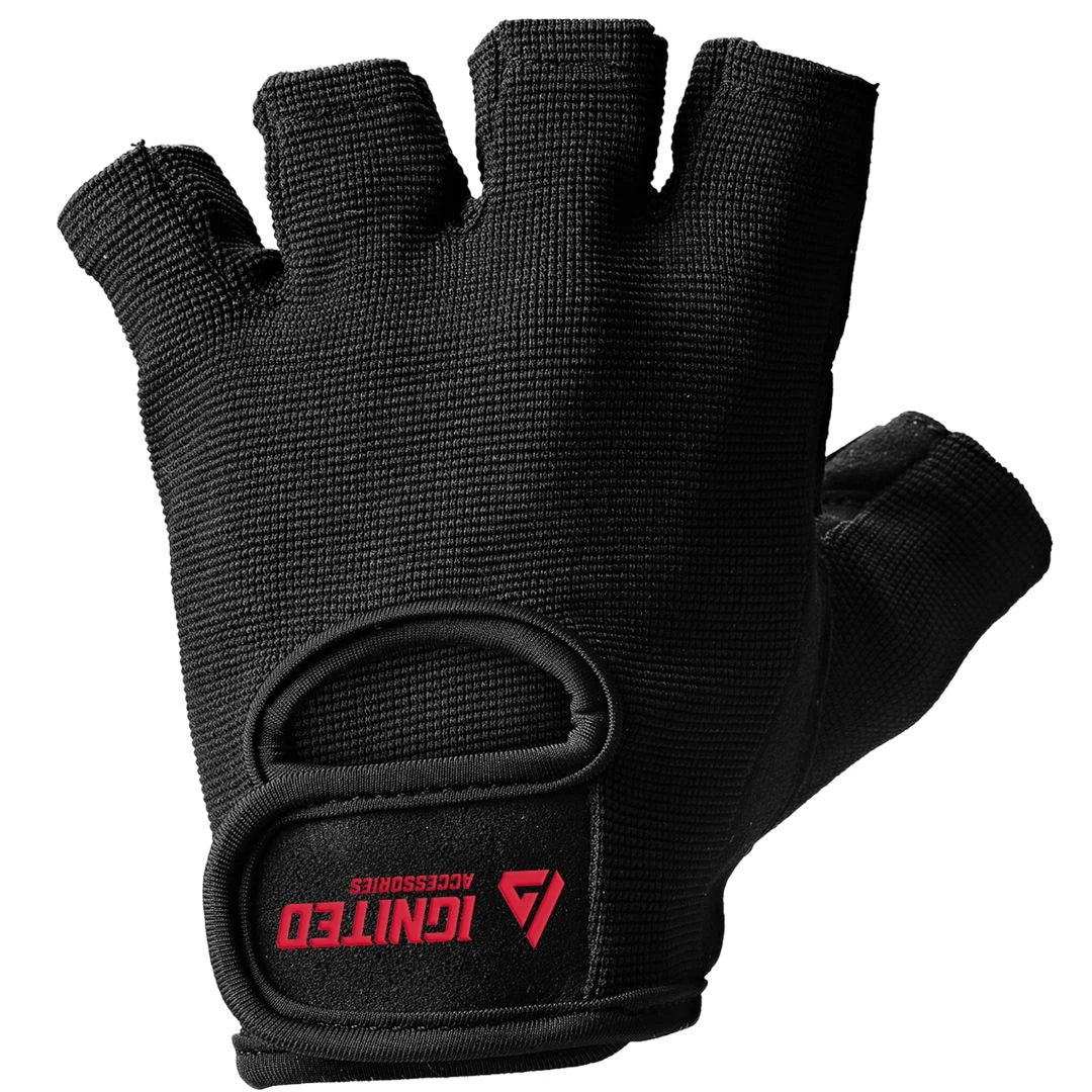 Musta verkkokankainen Ignited Classic Lifting Gloves Black -treenihanska säädettävällä remmillä ja punaisella logolla.