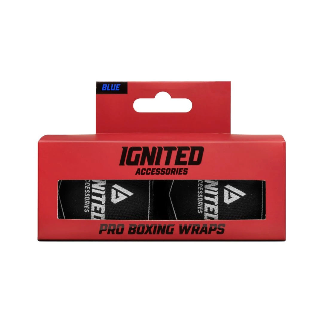 Ignited Boxing Hand Wraps Deep Blue 2.5 punaiseen laatikkoon pakattuna, jossa on merkintä Pro Boxing Wraps.