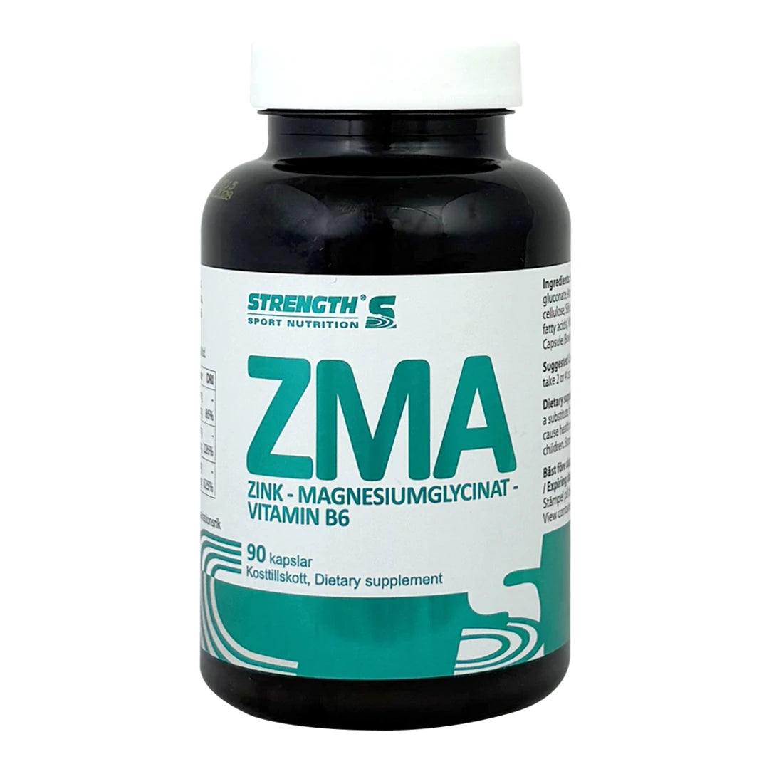 Strength Sport Nutrition ZMA 90 caps -ravintolisä mustassa purkissa, jossa on valkoinen ja vihreä etiketti.
