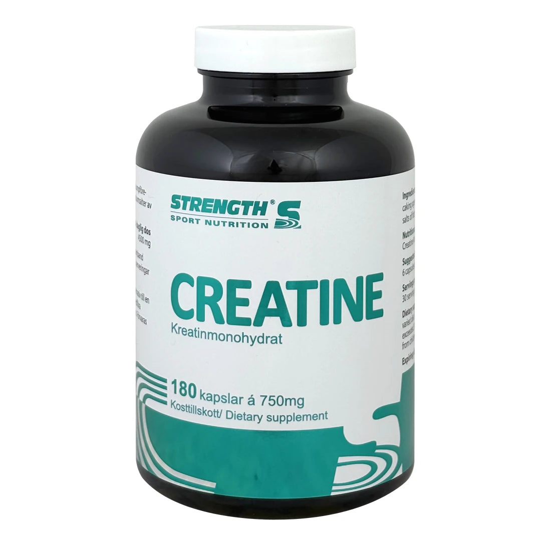 Strength Sport Nutrition Kreatin 180 caps mustassa muovipurkissa, jossa on valkoinen kansi ja vihreävalkoinen etiketti.