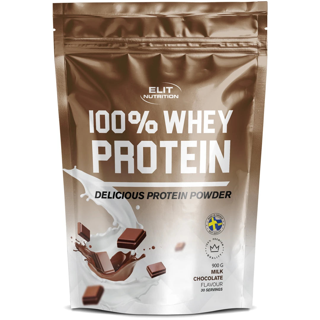 Elit Nutrition 100% Whey Protein 900 g ruskea-valkoisessa pussissa suklaapaloilla, makuna Milk Chocolate.