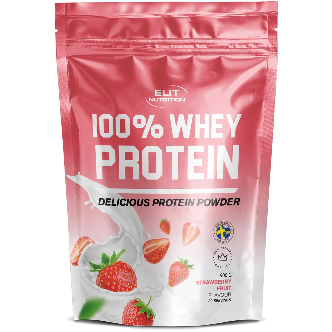 Elit Nutrition 100% Whey Protein 900 g -proteiinijauhe vaaleanpunaisessa pussissa mansikoilla, makuna Strawberry Fruit.