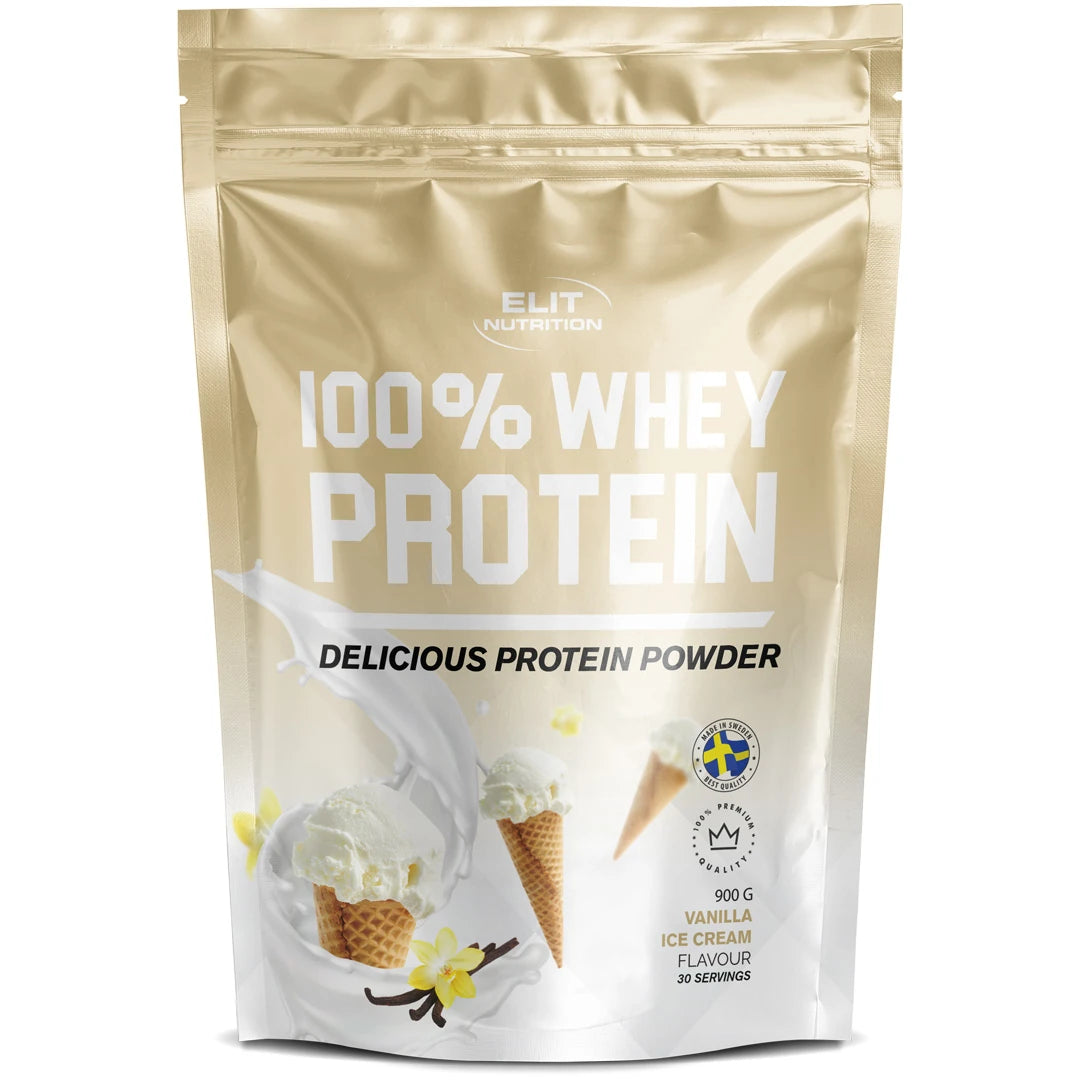 Elit Nutrition 100% Whey Protein 900 g -proteiinijauhe vaaleanbeigessä pussissa, makuna Vanilla Ice Cream., kuva 6/6