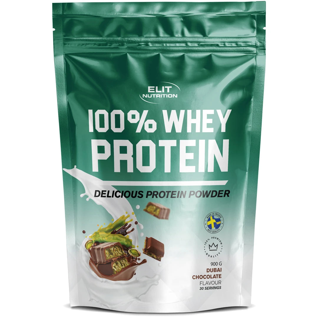 Elit Nutrition 100% Whey Protein 900 g -proteiinijauhe vihreässä pussissa, makuna Dubai Chocolate.