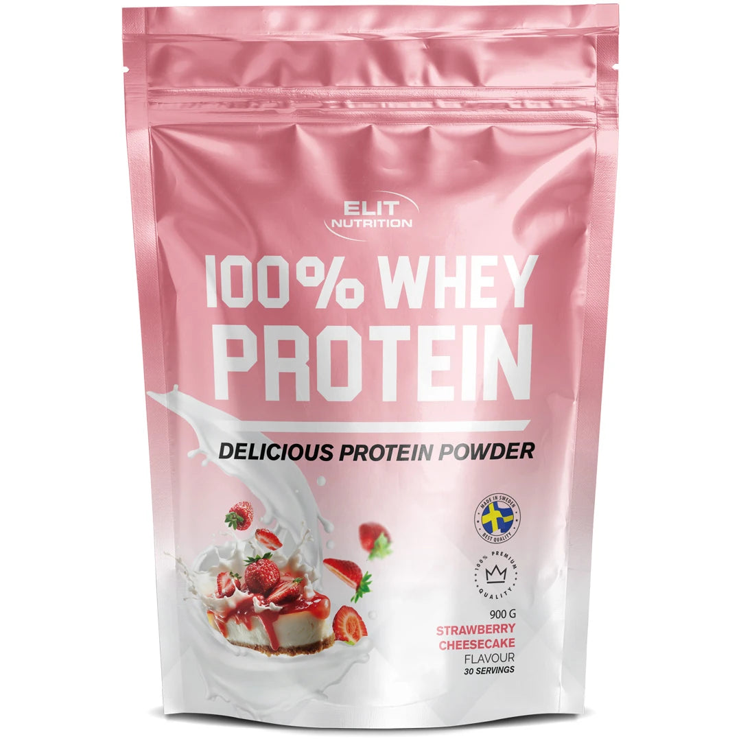 Elit Nutrition 100% Whey Protein 900 g -proteiinijauhe vaaleanpunaisessa pussissa, makuna Strawberry Cheesecake.
