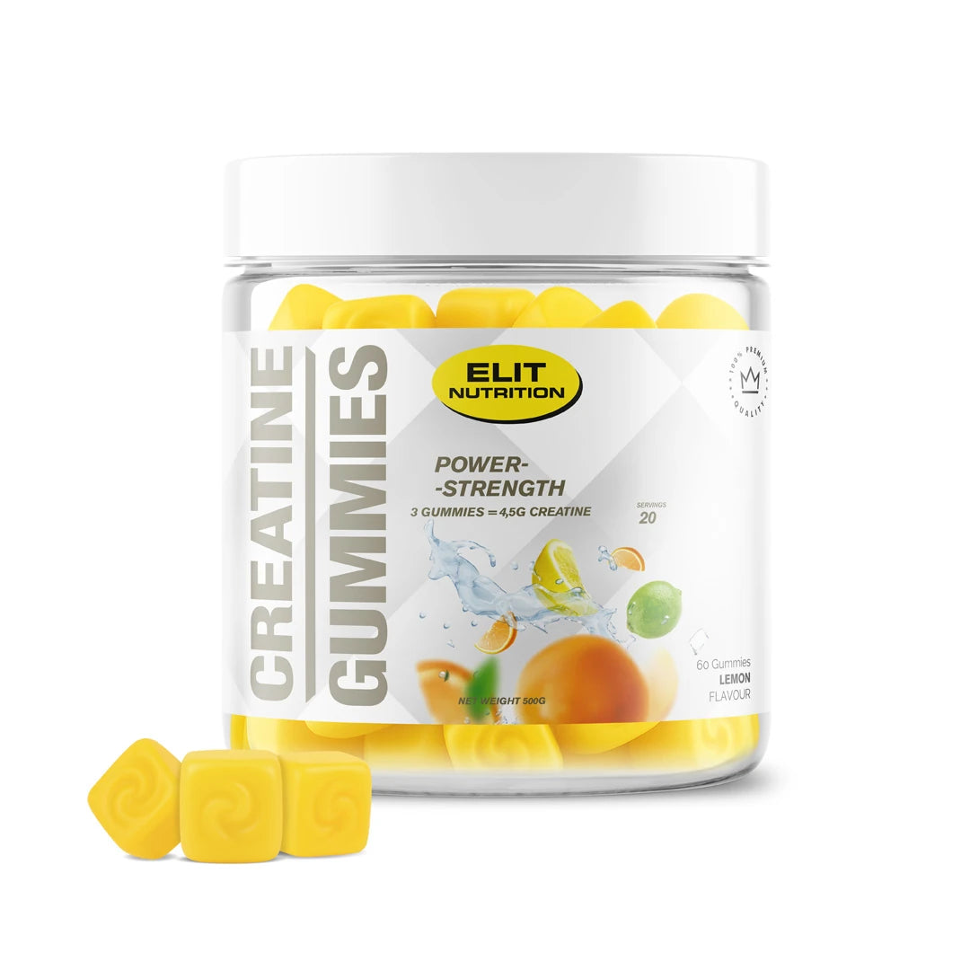 Elit Nutrition Creatine Gummies 60 pcs läpinäkyvässä purkissa täynnä keltaisia sitruunanmakuisia karkkeja.