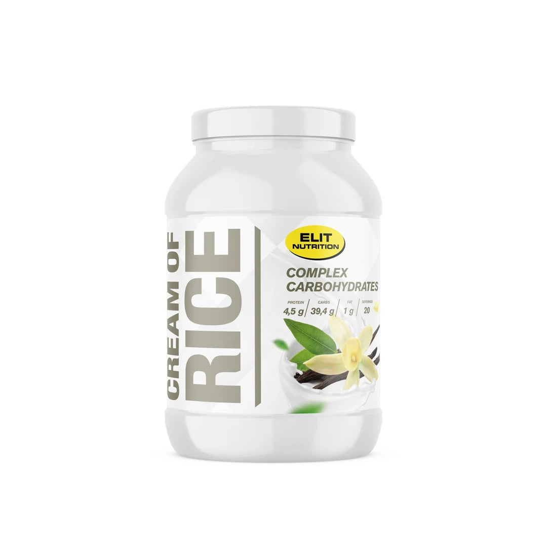 Elit Nutrition Cream of Rice 1 kg -hiilihydraattijauhe valkoisessa purkissa, jossa on vaniljakukan kuva.
