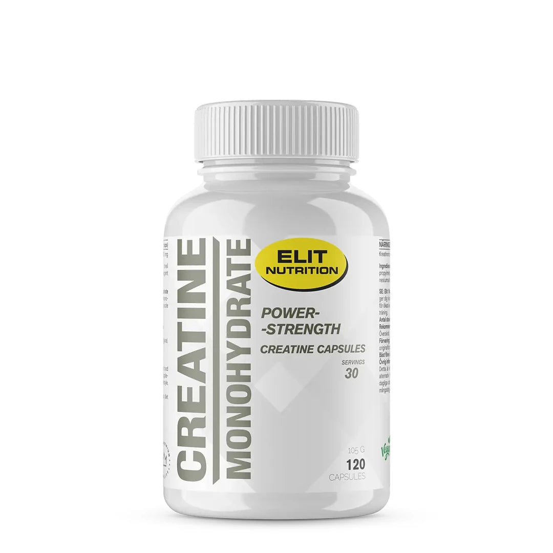 Elit Nutrition Creatine Monohydrate 120 caps valkoisessa muovipurkissa, jossa on harmaa teksti ja keltainen logo.