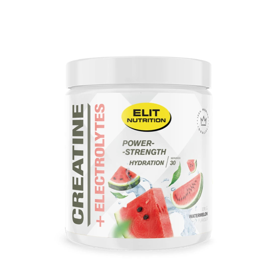 Elit Nutrition Creatine + Electrolytes 270 g valkoisessa purkissa, jossa on Watermelon-makua kuvaavia vesimelonin paloja.