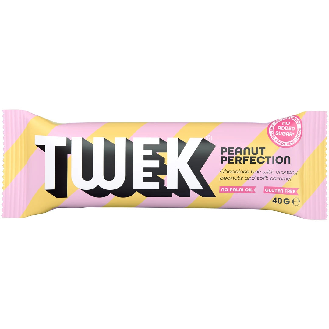 Tweek Sweets Bar 40 g -suklaapatukka maussa Peanut Perfection kelta-vaaleanpunaraidallisessa kääreessä.