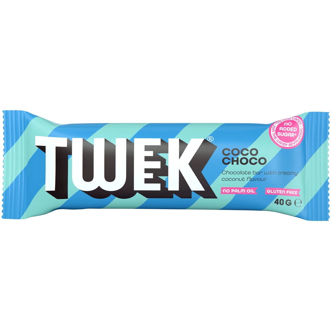 Tweek Sweets Bar 40 g -suklaapatukka vaaleansinisessä ja turkoosiraidallisessa pakkauksessa, makuna Coco Choco.