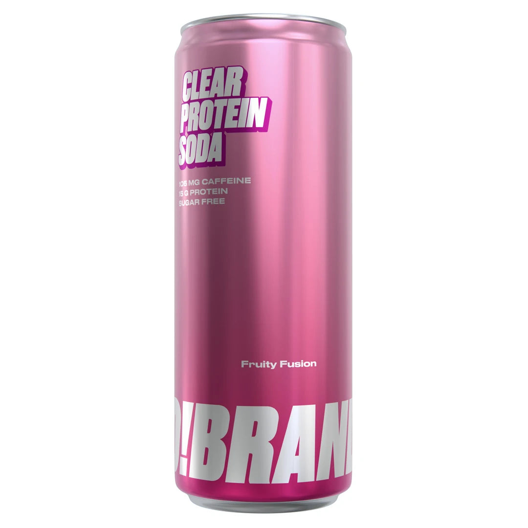 Pro Brands Clear Protein Soda 330 ml vaaleanpunaisessa tölkissä, makuna Fruity Fusion.