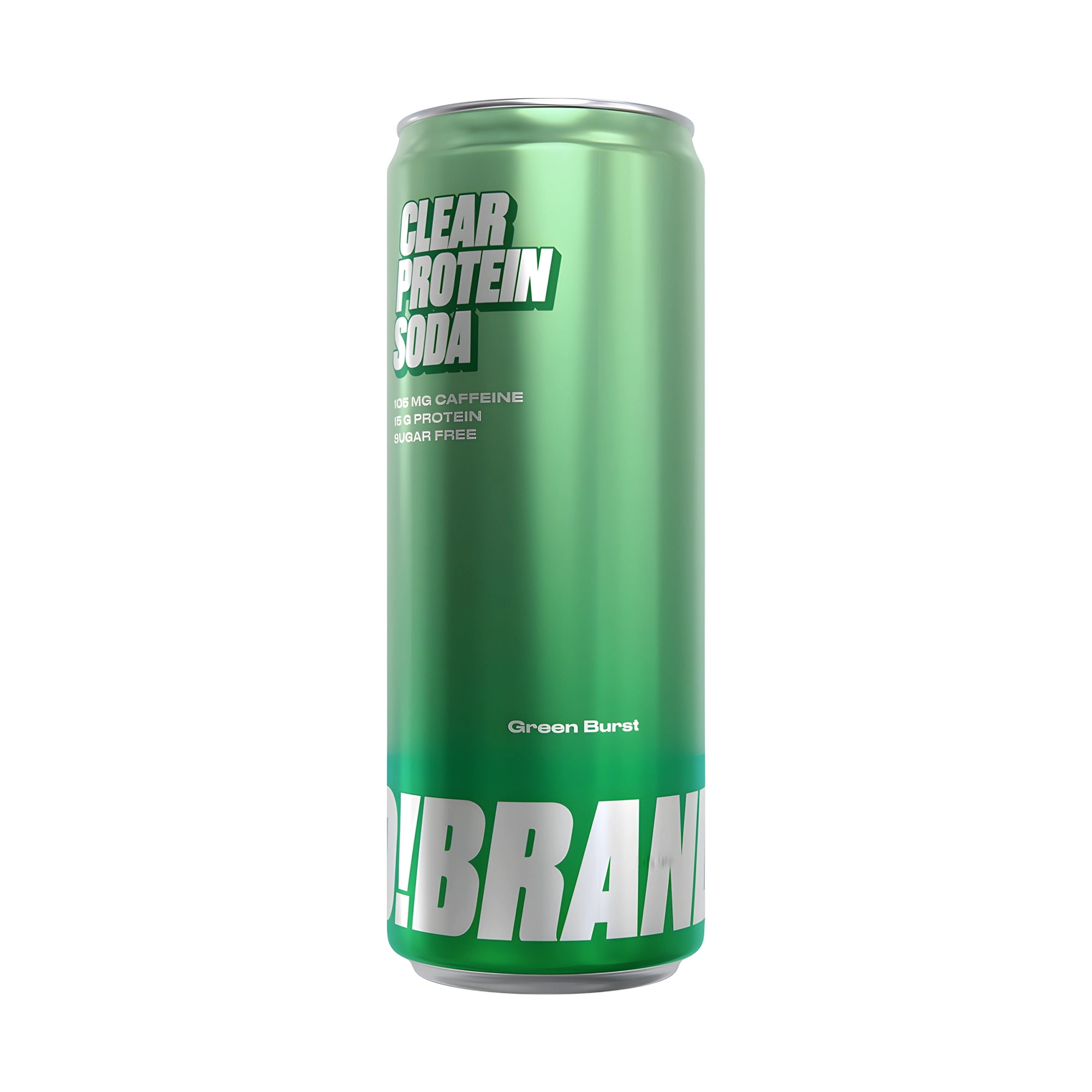 Pro Brands Clear Protein Soda 330 ml -proteiinijuoma vihreässä metallitölkissä valkoisella tekstillä, makuna Green Burst., kuva 2/3