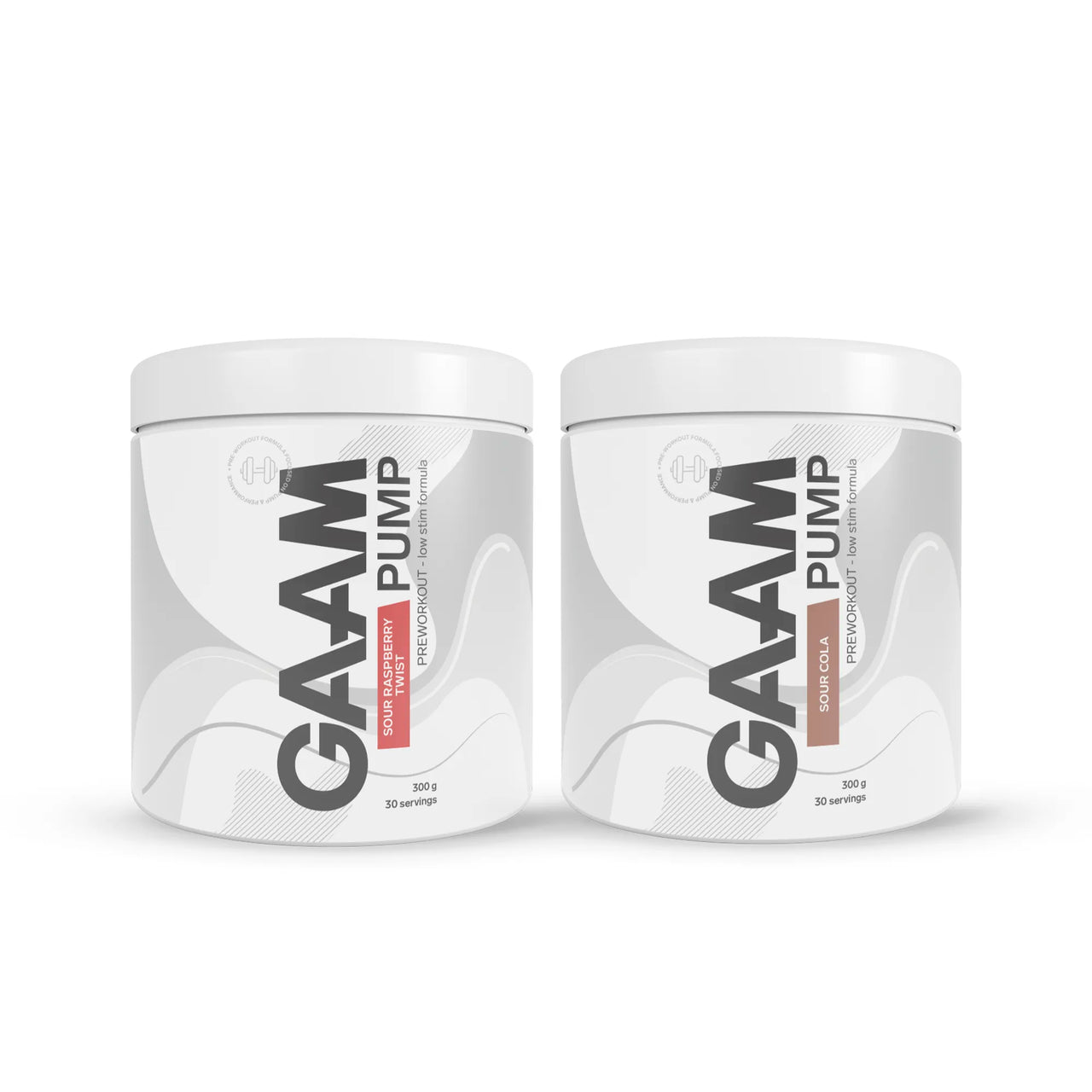 2 x GAAM PUMP 300 g 2-pack valkoisissa purkeissa harmailla kuvioilla, makuina Sour Raspberry Twist ja Sour Cola.