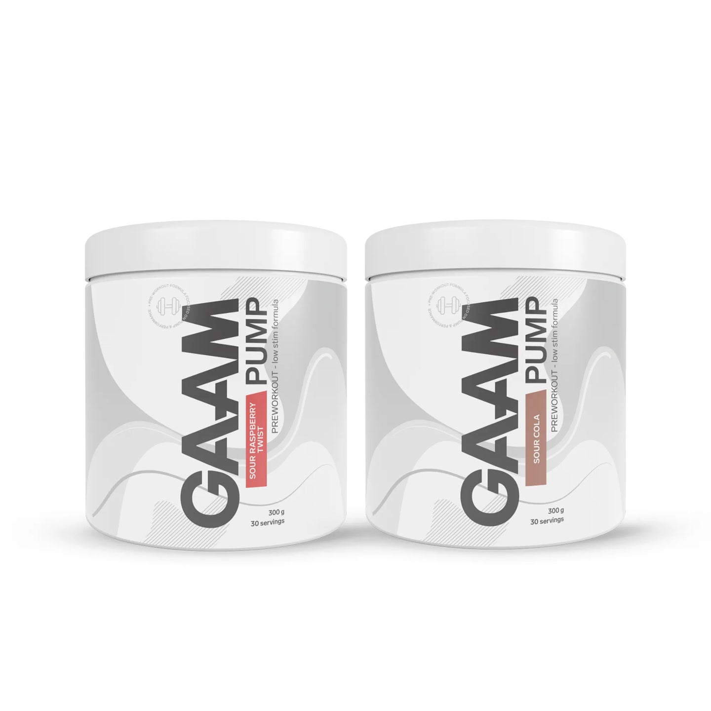 2 x GAAM PUMP 300 g 2-pack valkoisissa purkeissa harmailla kuvioilla, makuina Sour Raspberry Twist ja Sour Cola.