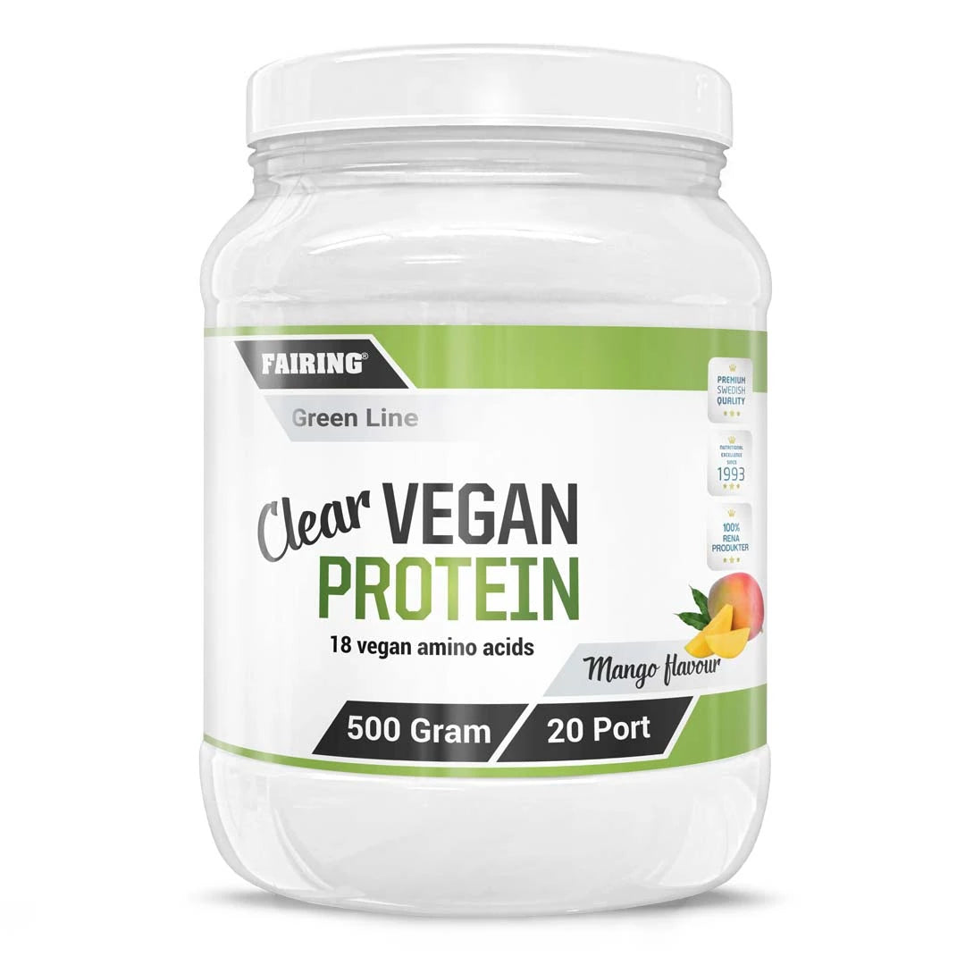 Fairing Clear Vegan Protein 500 g -vegaaninen proteiinijauhe valkoisessa muovipurkissa vihreällä etiketillä, makuna Mango.