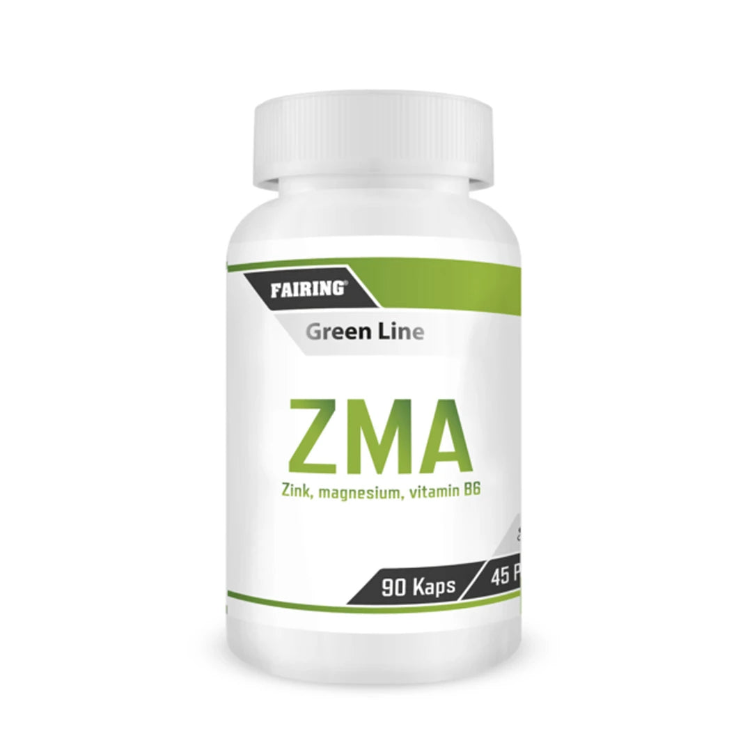 Fairing ZMA 90 caps -ravintolisä valkoisessa purkissa, jossa on vihreitä yksityiskohtia ja Green Line -merkintä.