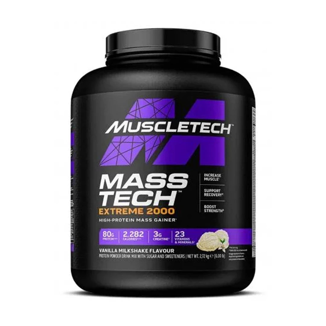 Muscletech Mass-Tech Extreme 2000 2.72 kg -gaineri mustassa purkissa liiloilla yksityiskohdilla, makuna Vanilla Milkshake.