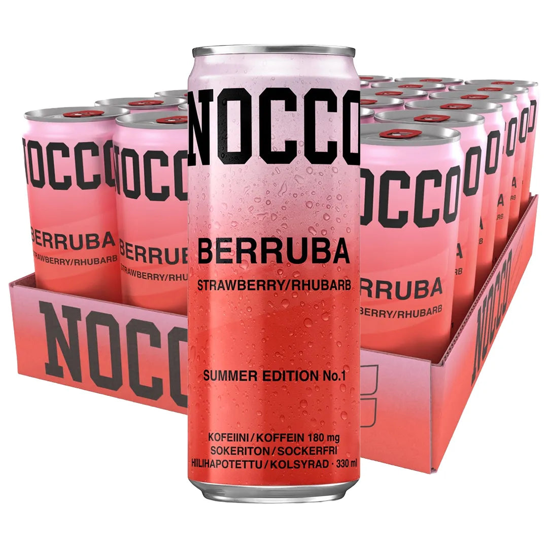 24 x NOCCO BCAA 330 ml Berruba -energiajuomatölkkejä vaaleanpunaisessa esittelylaatikossa, jossa on kondenssivesipisaroita.