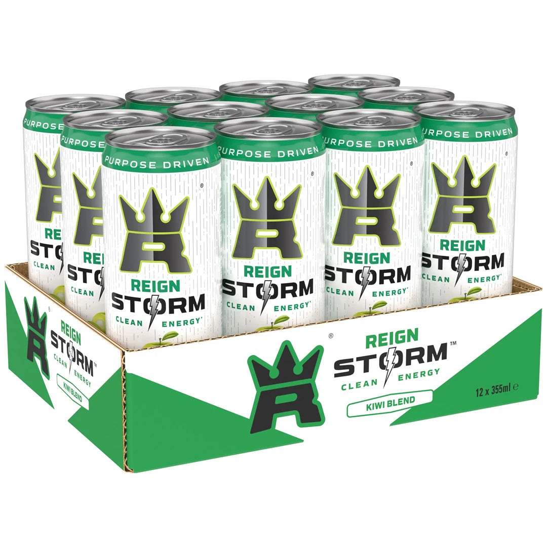12 x Reign Storm Energy 355 ml Kiwi Blend vihreävalkoisessa laatikossa, jossa on yhteensopivia tölkkejä.
